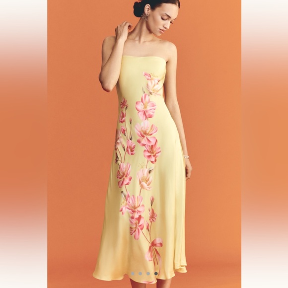 NWT FARM Rio Strapless Yellow Dress with Pink Floral Design
